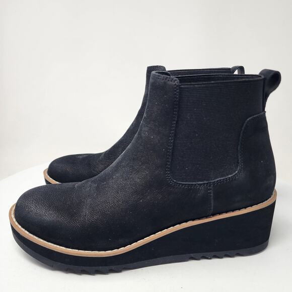 Eileen Fisher Luv Wedge Chelsea Boots Women 7 Black Nubuck Leather Ankle Bootie - Picture 5 of 14